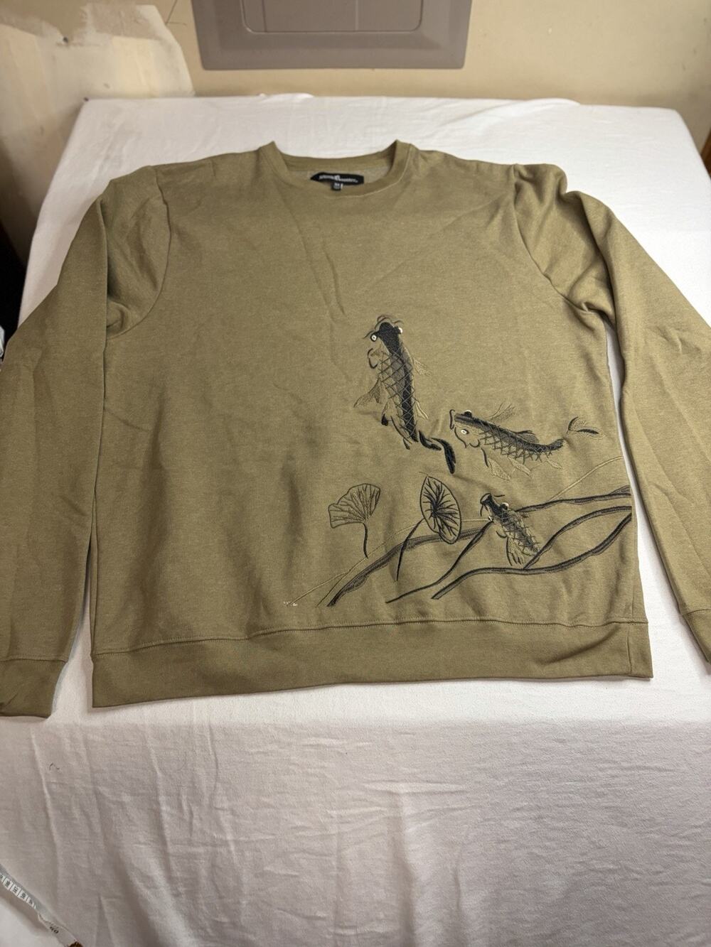 Blind Rooster Sweatshirt Men XL Olive Koi Fish Embroidered Fleece Crewneck Japan